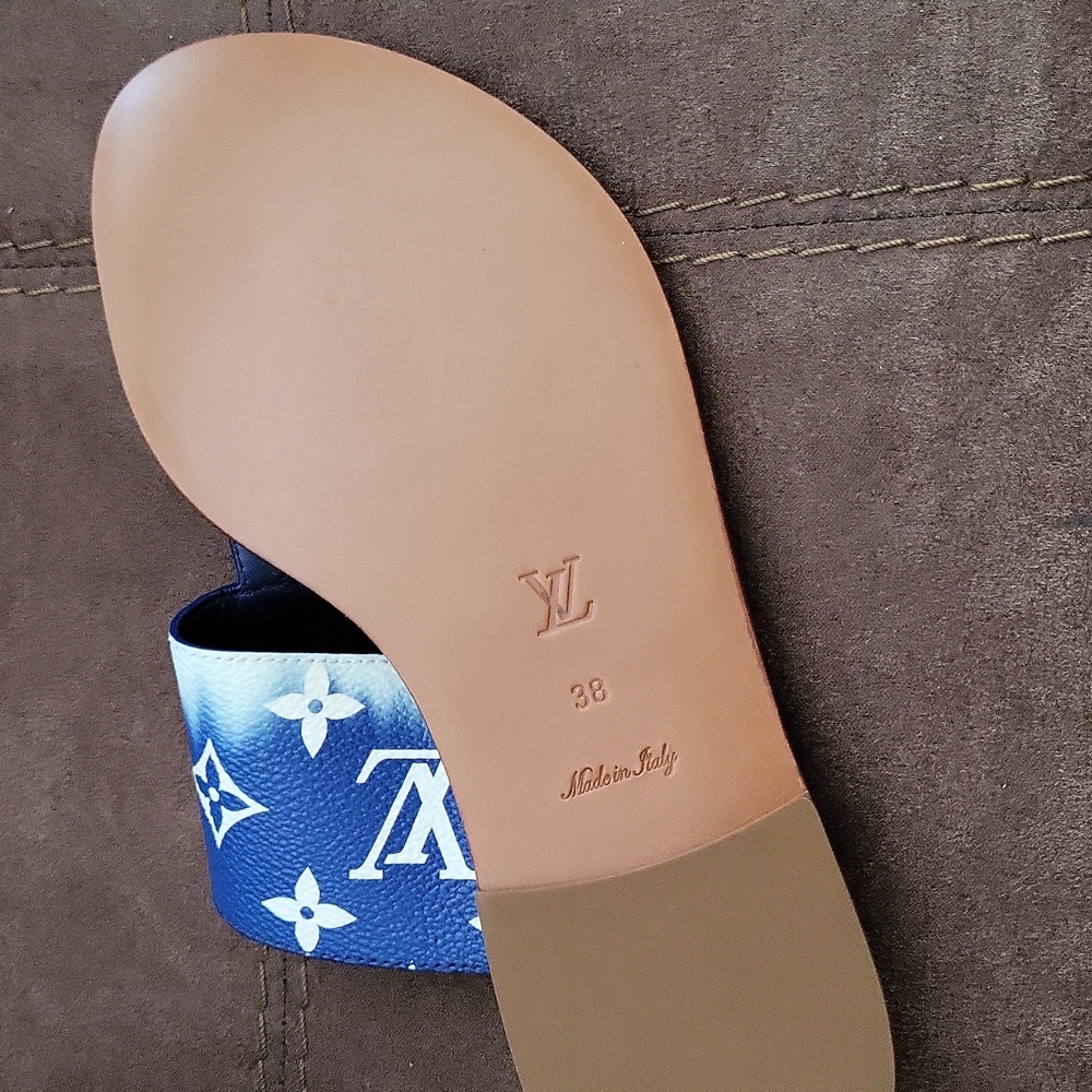 Louis Vuitton Blue Escale Monogram Slide Flats Flip Flop Size 38 Lock It Mules - Picture 3 of 5